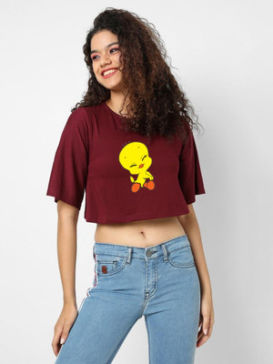SPOWEARY Printed Women Round Neck Maroon T-Shirt