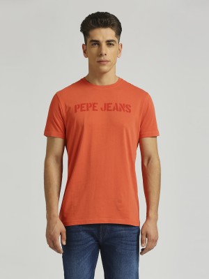 Pepe Jeans Graphic Print Men Crew Neck Orange T-Shirt