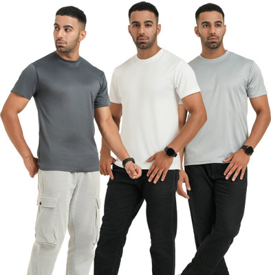Fabhash Solid Men Round Neck Grey, Silver, White T-Shirt
