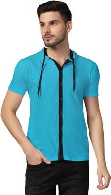 GEUM Solid Men Hooded Neck Light Blue, Black T-Shirt