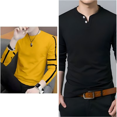 Jaqque Solid, Striped Men Henley Neck Yellow, Black T-Shirt