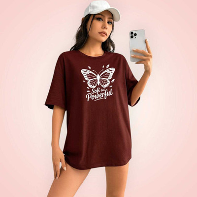 Fluffy Enterprises Printed Women Round Neck Brown T-Shirt