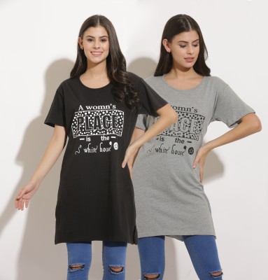 Ddaspration Printed Women Round Neck Black, Grey T-Shirt