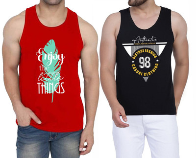 WOOSTRO Printed Men Round Neck Red, Black T-Shirt