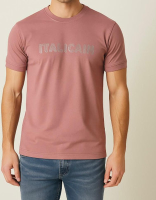 italicain Solid Men Round Neck Pink T-Shirt