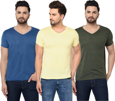 JB Jangoboy Solid Men V Neck Dark Blue, Dark Green, Yellow T-Shirt