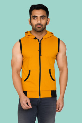 VASTRAART Solid Men Hooded Neck Yellow, White T-Shirt