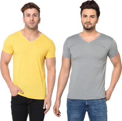 Moordale Fab Solid Men V Neck Grey, Yellow T-Shirt