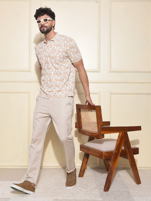 CRIMSOUNE CLUB Printed Men Polo Neck Beige, White T-Shirt