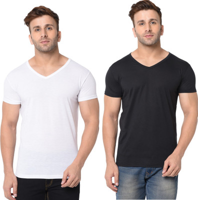 Tresna Fab Solid Men V Neck White, Black T-Shirt