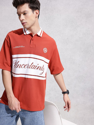 WROGN Printed Men Polo Neck Orange, White T-Shirt