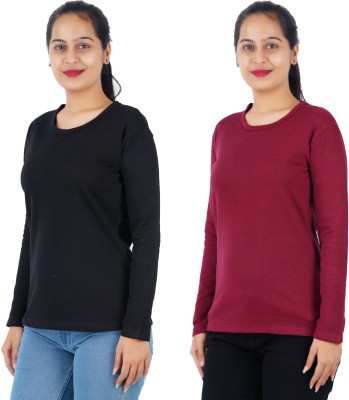 FEEL TRACK Solid Women Round Neck Black, Maroon T-Shirt