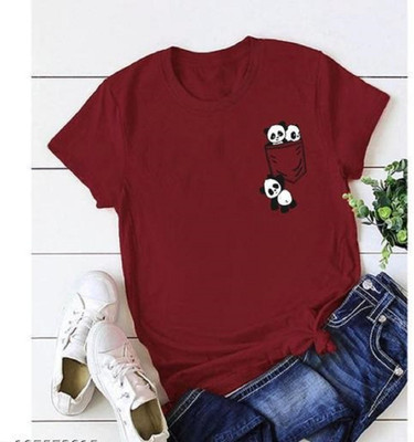 TARSHI Printed Women Round Neck Maroon T-Shirt