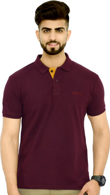 3BROS Solid Men Polo Neck Maroon T-Shirt