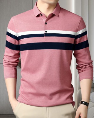 EyeBogler Striped Men Polo Neck Pink T-Shirt