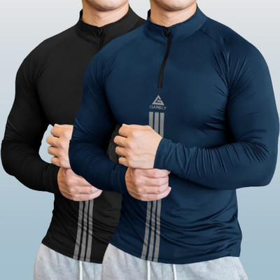BELACHY Striped Men Henley Neck Navy Blue T-Shirt