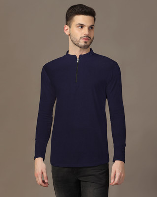 Blisstone Solid Men Mandarin Collar Navy Blue T-Shirt