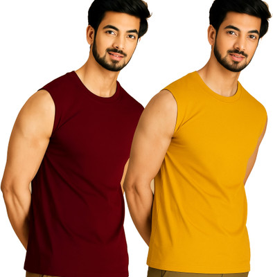 Adorbs Solid Men Round Neck Maroon, Yellow T-Shirt