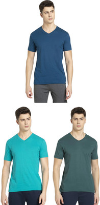 JOCKEY Solid Men V Neck Light Green, Green, Blue T-Shirt