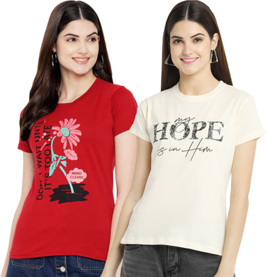 Fabflee Typography Women Round Neck Maroon, Beige T-Shirt