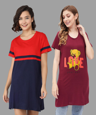 TRADSTER Striped, Printed Women Round Neck Navy Blue, Maroon T-Shirt