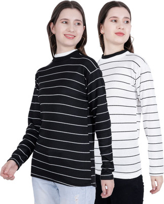 Divylu Striped Women Round Neck Black, White T-Shirt