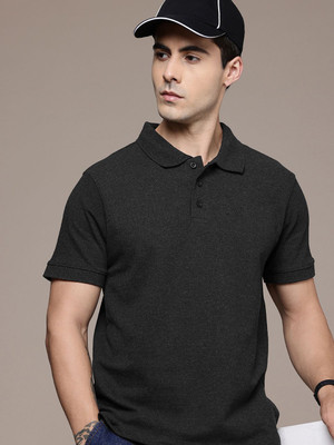 Moda Rapido Self Design Men Polo Neck Black T-Shirt
