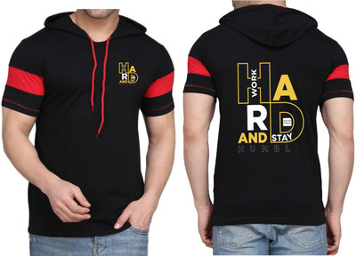 WOOSTRO Printed, Typography Men Hooded Neck Black T-Shirt