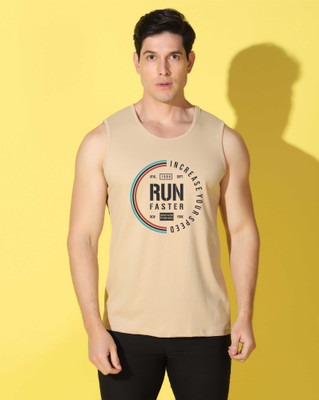WOOSTRO Graphic Print Men Scoop Neck Beige T-Shirt