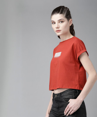 Roadster Printed Women Round Neck Orange T-Shirt