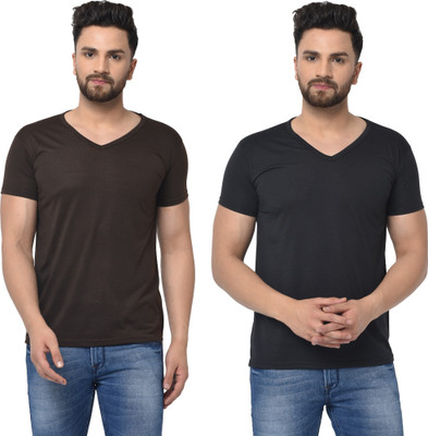 Tresna Fab Solid Men V Neck Brown, Black T-Shirt