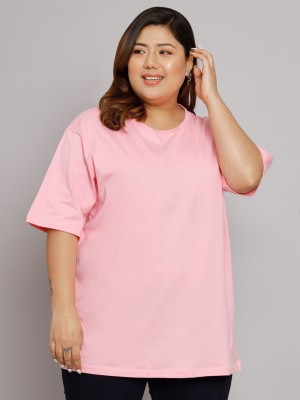 FUNDAY FASHION Solid Women Round Neck Pink T-Shirt