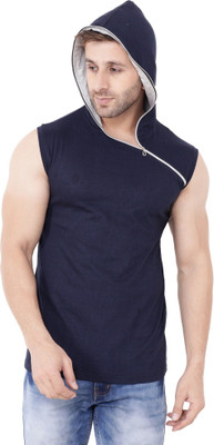 GEUM Solid Men Hooded Neck Black T-Shirt