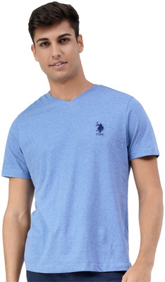 U.S. POLO ASSN. Solid Men V Neck Blue T-Shirt