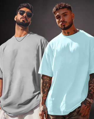 ENITOR Solid Men Round Neck Light Blue, Grey T-Shirt