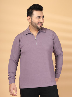 PLUSS Solid Men Zip Neck Purple T-Shirt