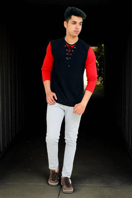 Faricon Trend Solid Men Round Neck Black, Red T-Shirt