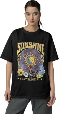 syom Abstract Women Round Neck Black T-Shirt