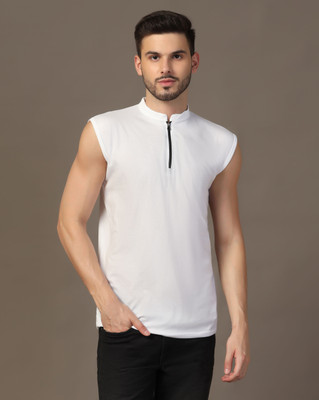 GEUM Solid Men Mandarin Collar White T-Shirt