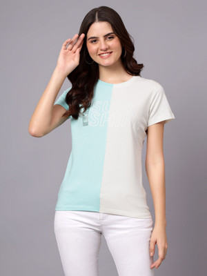 CANTABIL Colorblock Women Round Neck White T-Shirt