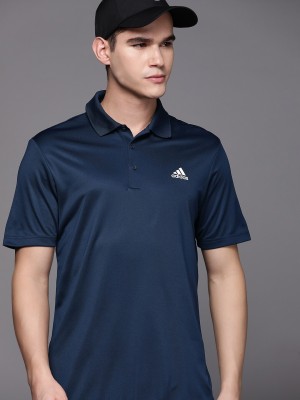 ADIDAS Solid Men Polo Neck Navy Blue T-Shirt
