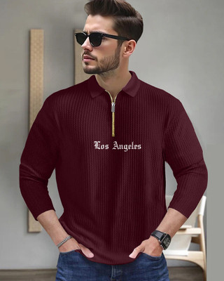 FastColors Printed Men Zip Neck Maroon T-Shirt