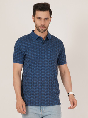 DAVNO Diamante Print Men Polo Neck Blue T-Shirt