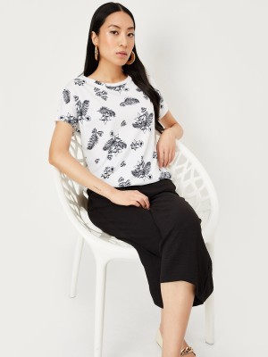 MAX Printed Women Round Neck White, Black T-Shirt