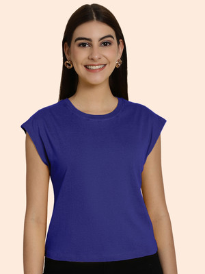 FRISKERS Solid Women Round Neck Blue T-Shirt