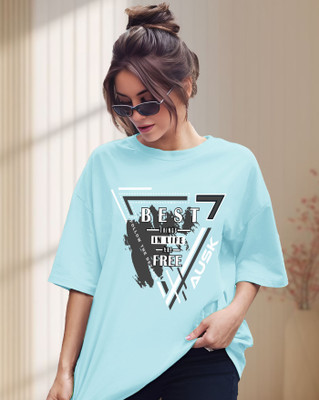 AUSK Graphic Print Women Round Neck Light Blue T-Shirt