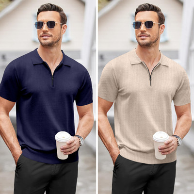 trueoath Solid, Self Design Men Polo Neck Dark Blue, Beige T-Shirt