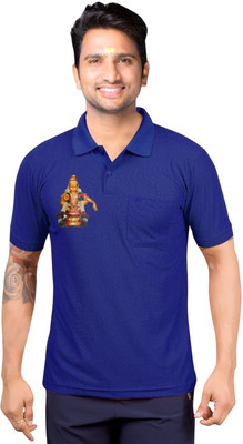 m2hit Solid, Printed Men Polo Neck Blue T-Shirt