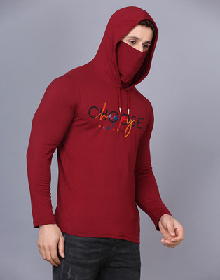TEEFOX Typography Men Hooded Neck Multicolor, Maroon T-Shirt