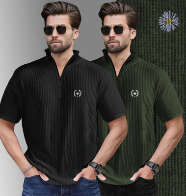 FastColors Self Design Men Zip Neck Multicolor T-Shirt